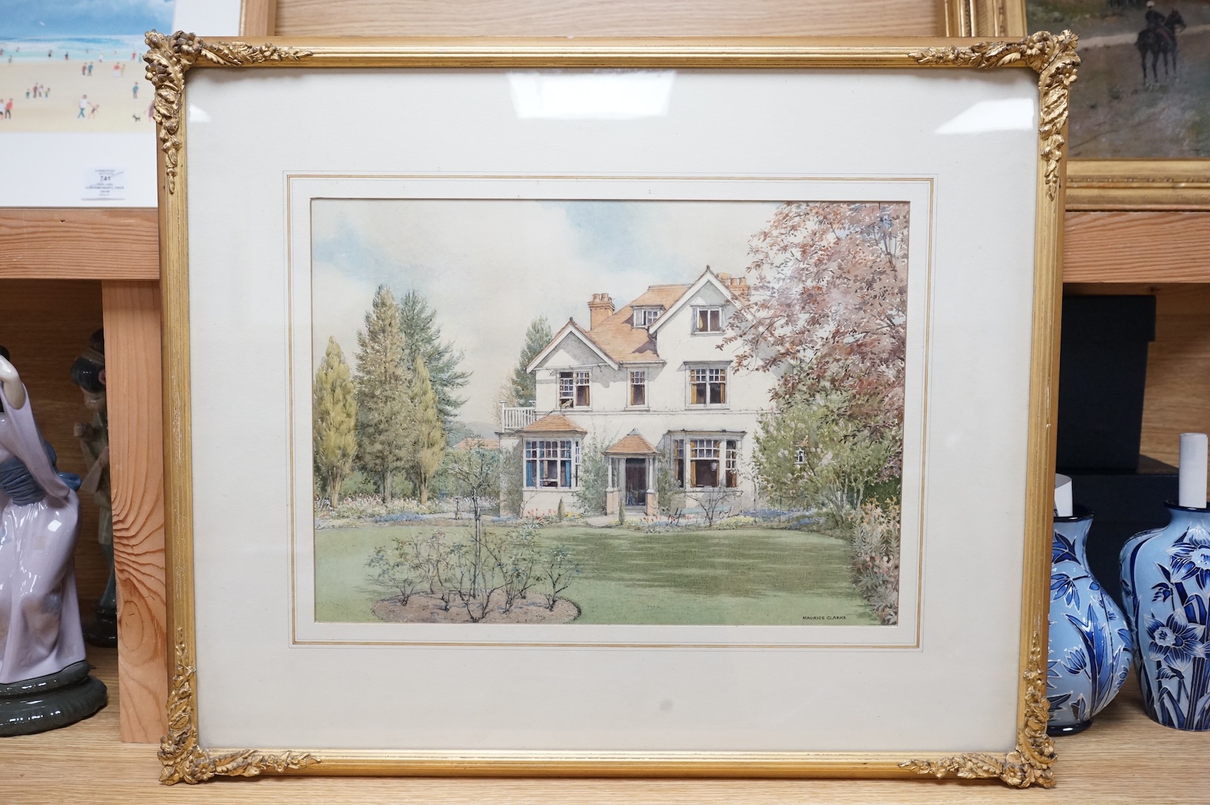 Maurice Clarke, Country house and garden scene, signed, watercolour, 26 x 36cm